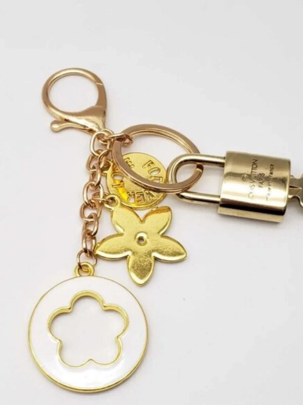 LV Gold Padlock Authentic 🔑 Luxury Bag Charm w/ Unbranded Flower Keychain
